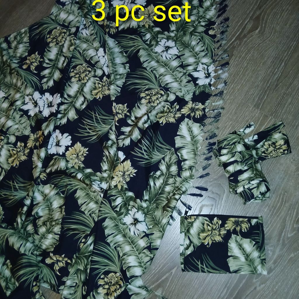 Women's Unbranded Black Green Floral Tropical Print 3 Pc Coverup Set